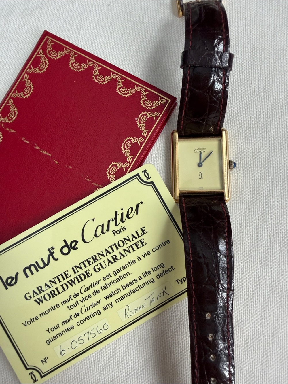 Must de Cartier Roman Tank-Style Women's Gold Watch with Burgundy Leather Strap